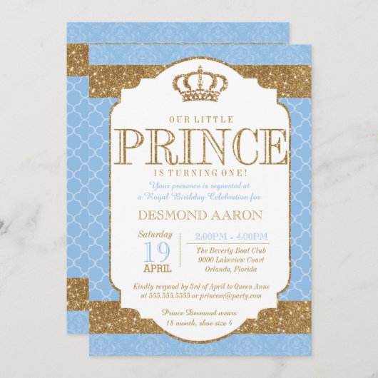 Little Prince Royal Blue Gold Birthday Kaart (Voorkant / Achterkant)
