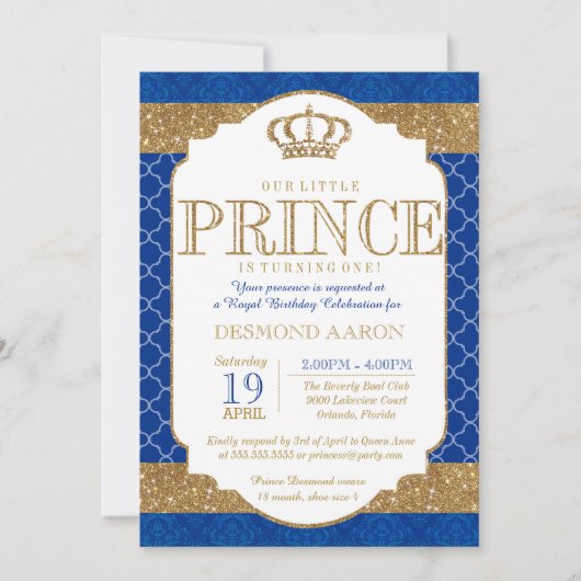 Little Prince Royal Blue Gold Birthday of Shower Kaart (Voorkant)