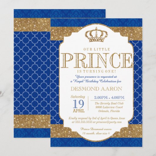 Little Prince Royal Blue Gold Birthday of Shower Kaart (Voorkant / Achterkant)