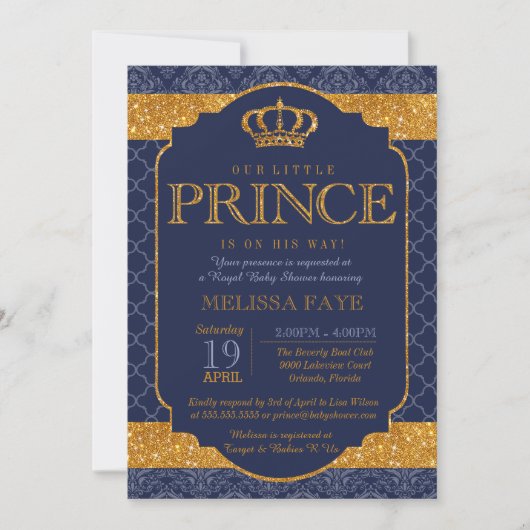 Little Prince Royal Navy Blue Gold Baby shower Kaart (Voorkant)