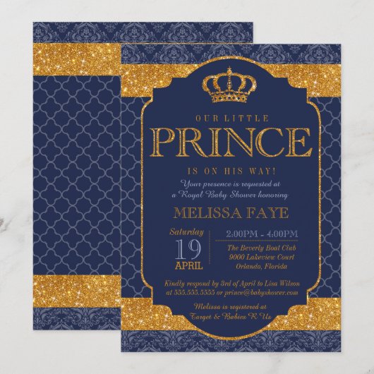 Little Prince Royal Navy Blue Gold Baby shower Kaart (Voorkant / Achterkant)