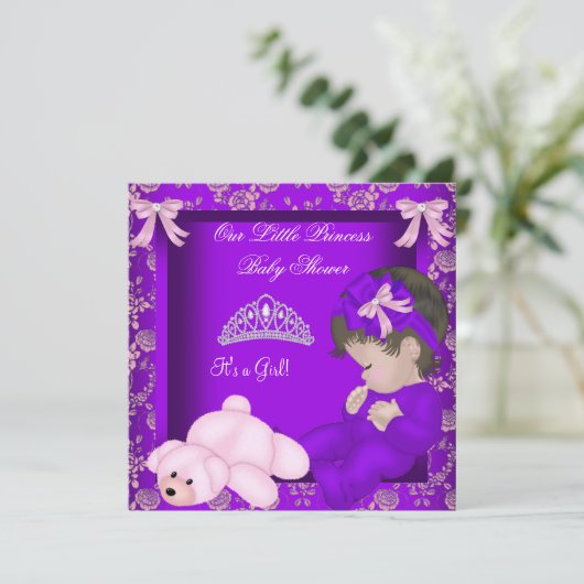 Little Princess Baby shower Girl Paars Damask Kaart (Staand voorkant)