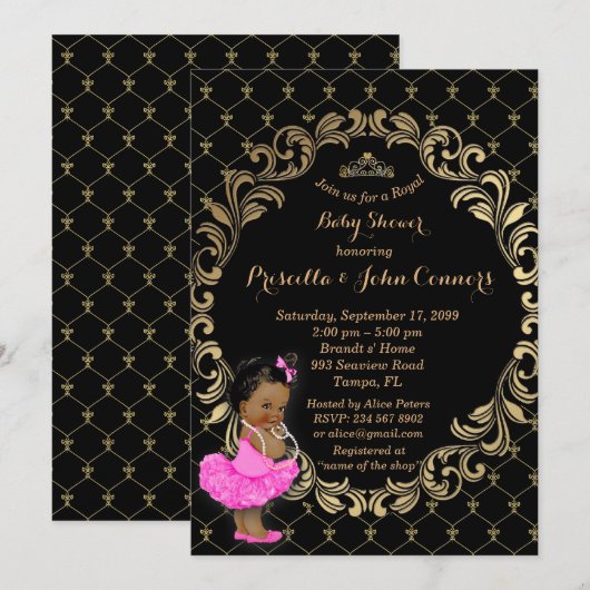 Little Princess Baby shower Invitation, Black Kaart (Voorkant / Achterkant)