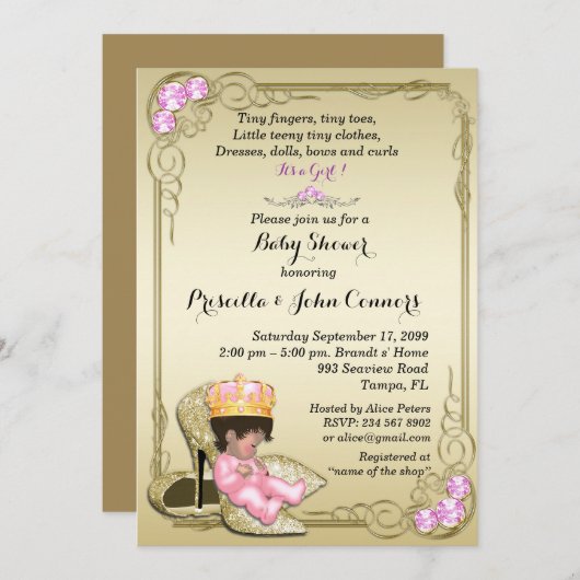 Little Princess Baby shower Invitation, goud Kaart (Voorkant / Achterkant)