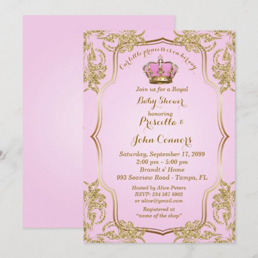 Little Princess Baby shower Invitation, goud, roze Kaart (Voorkant / Achterkant)