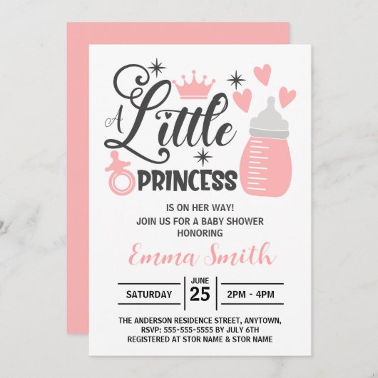 Little Princess Baby shower Invitation Kaart (Voorkant / Achterkant)