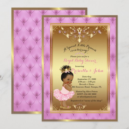 Little Princess Baby shower Invitation, Roze, Goud Kaart (Voorkant / Achterkant)