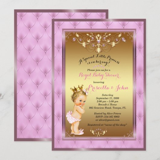 Little Princess Baby shower Invitation, roze, goud Kaart (Voorkant / Achterkant)