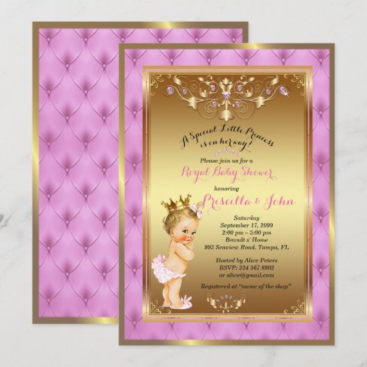 Little Princess Baby shower Invitation, roze, goud Kaart (Voorkant / Achterkant)