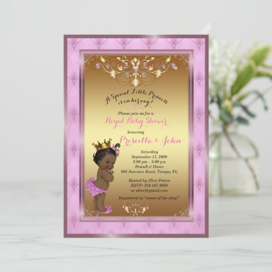 Little Princess Baby shower Invitation, Roze, Goud Kaart (Staand voorkant)
