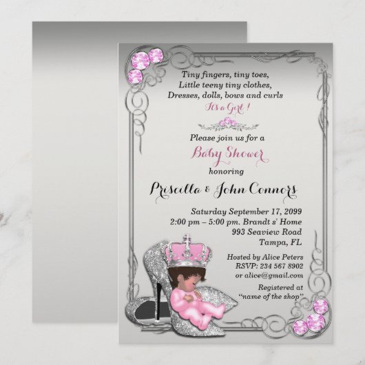 Little Princess Baby shower Invitation, zilver Kaart (Voorkant / Achterkant)