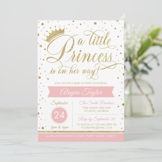 Little Princess Baby shower Invite, Faux Glitter Kaart (Staand voorkant)