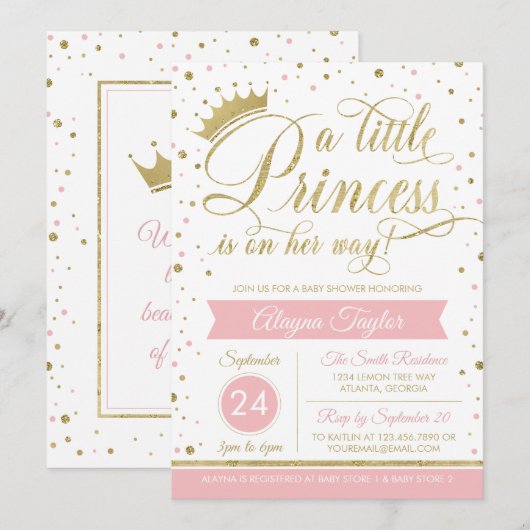 Little Princess Baby shower Invite, Faux Glitter Kaart (Voorkant / Achterkant)