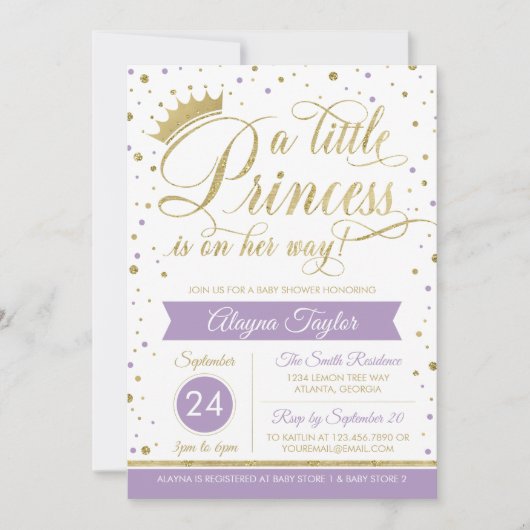 Little Princess Baby shower Invite, Faux Glitter Kaart (Voorkant)