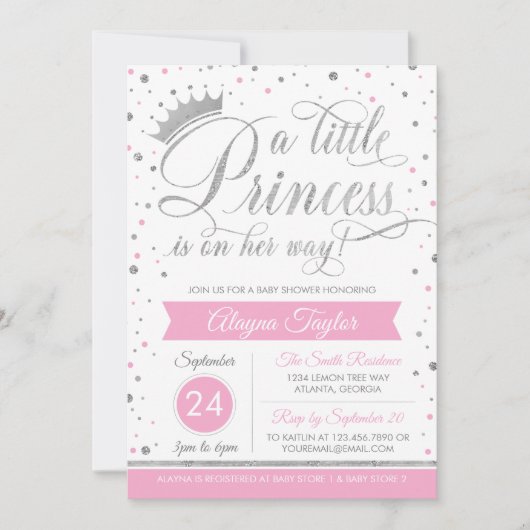 Little Princess Baby shower Invite, Faux Glitter Kaart (Voorkant)