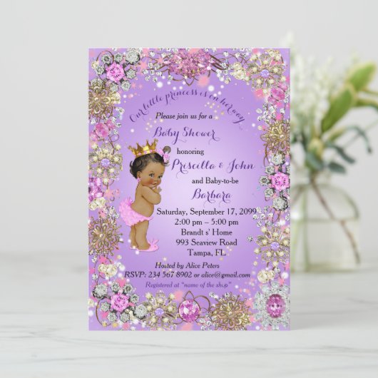 Little Princess Baby shower Uitnodiging, paarse Go Kaart (Staand voorkant)