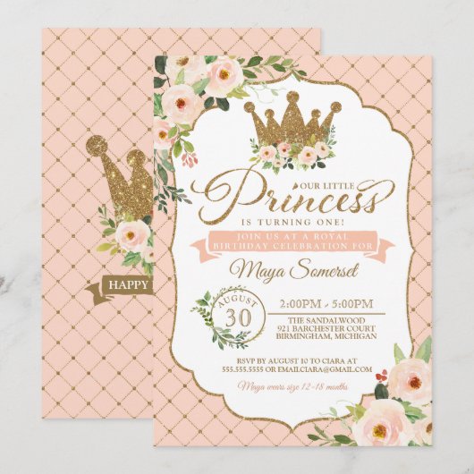 Little Princess Blush Floral Royal Birthday Kaart (Voorkant / Achterkant)