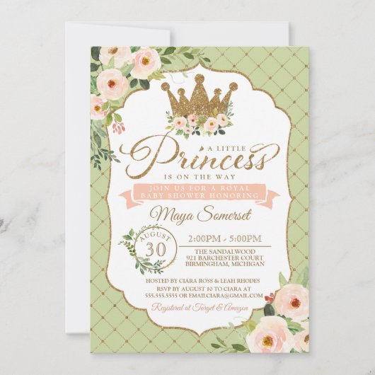 Little Princess Blush Mint Gold Royal Baby shower Kaart (Voorkant)
