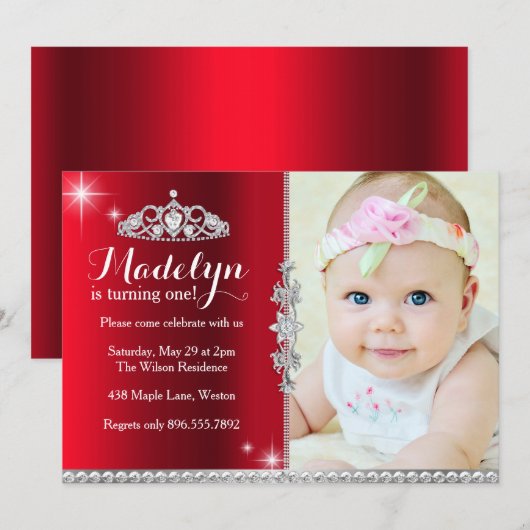 Little Princess First Birthday Invitation Kaart (Voorkant / Achterkant)