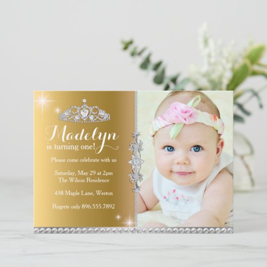 Little Princess First Birthday Invitation Kaart (Staand voorkant)