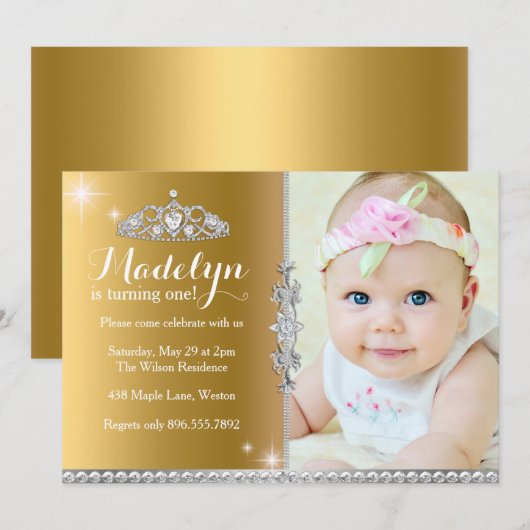 Little Princess First Birthday Invitation Kaart (Voorkant / Achterkant)