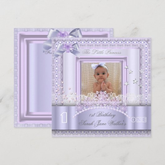 Little Princess First Birthday Party Photo Lila 2 Kaart (Voorkant / Achterkant)