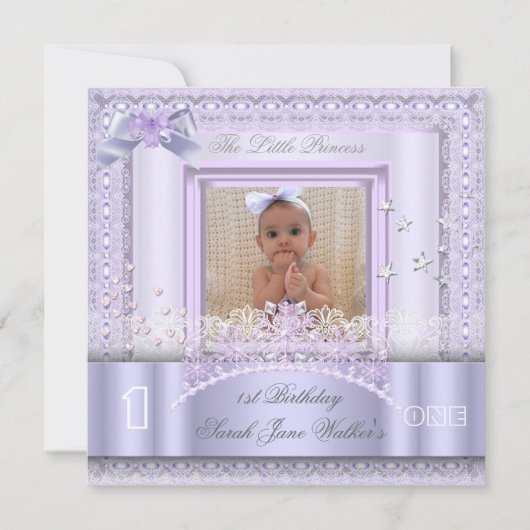Little Princess First Birthday Party Photo Lila 2 Kaart (Voorkant)