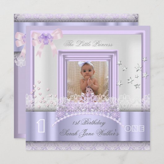 Little Princess First Birthday Party Photo Paars Kaart (Voorkant / Achterkant)