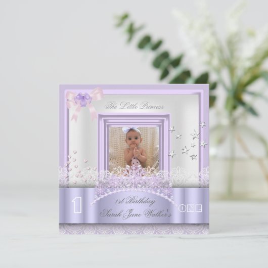 Little Princess First Birthday Party Photo Paars Kaart (Staand voorkant)