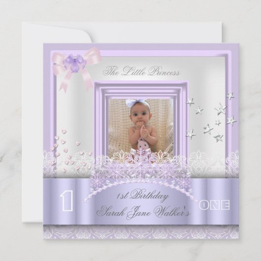 Little Princess First Birthday Party Photo Paars Kaart (Voorkant)