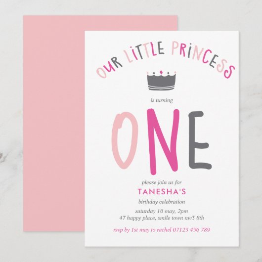 Little Princess First Birthday Pink Party Kaart (Voorkant / Achterkant)