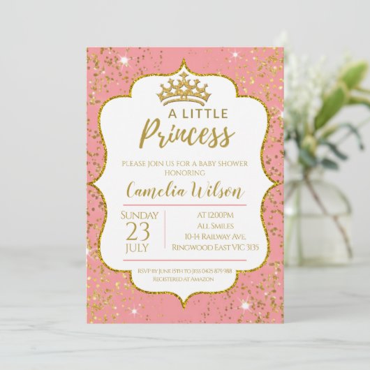 Little Princess Gold Crown Pink Baby shower Invita Kaart (Staand voorkant)