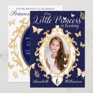 Little Princess Navy & Gold Birthday Invitation Kaart