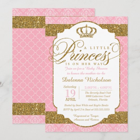 Little Princess Royal Pink en Gold Baby shower Kaart (Voorkant / Achterkant)