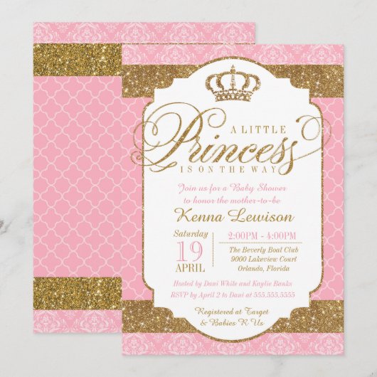 Little Princess Royal Pink en Gold Baby shower Kaart (Voorkant / Achterkant)