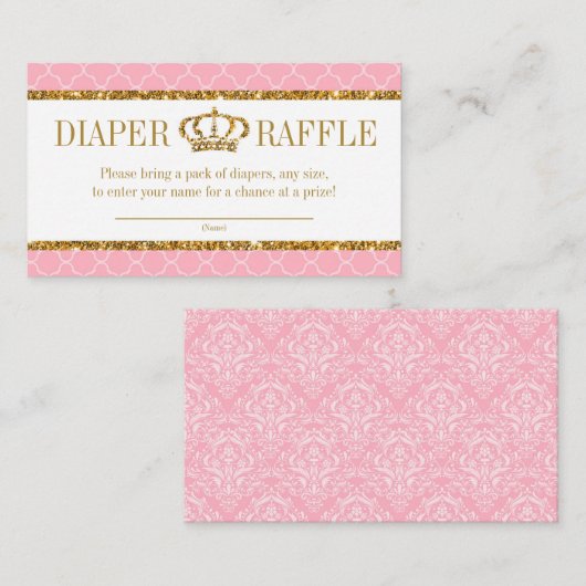 Little Princess Royal Pink en Gold Diaper Raffle Informatiekaartje (Voorkant / Achterkant)