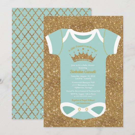 Little Princess Turquoise Glitter Gold Baby shower Kaart (Voorkant / Achterkant)