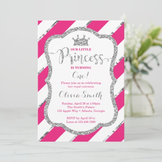 Little Princess Verjaardag Uitnodiging Roze Zilver (Staand voorkant)
