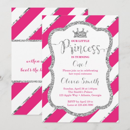 Little Princess Verjaardag Uitnodiging Roze Zilver (Voorkant / Achterkant)