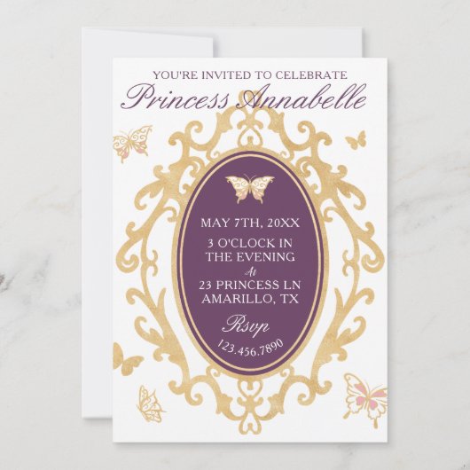 Little Princess Violet & Gold Birthday Invitation Kaart (Achterkant)