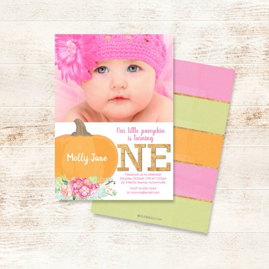 Little Pumpkin 1st Birthday Invitation Herfst Foto Kaart