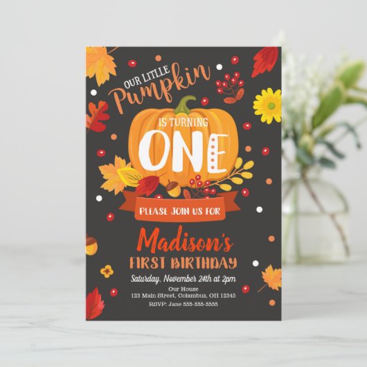 Little Pumpkin 1st Birthday Invitation Kaart (Staand voorkant)