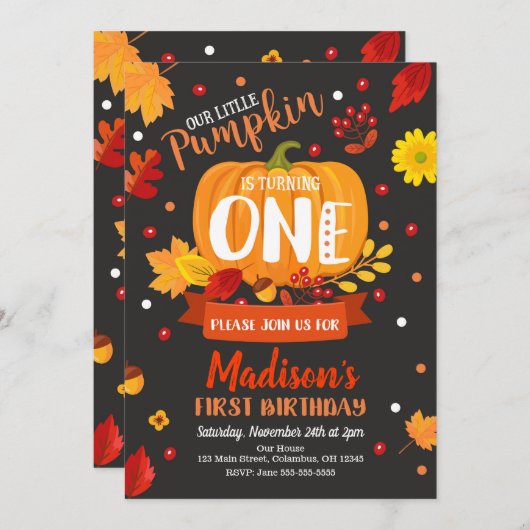 Little Pumpkin 1st Birthday Invitation Kaart (Voorkant / Achterkant)