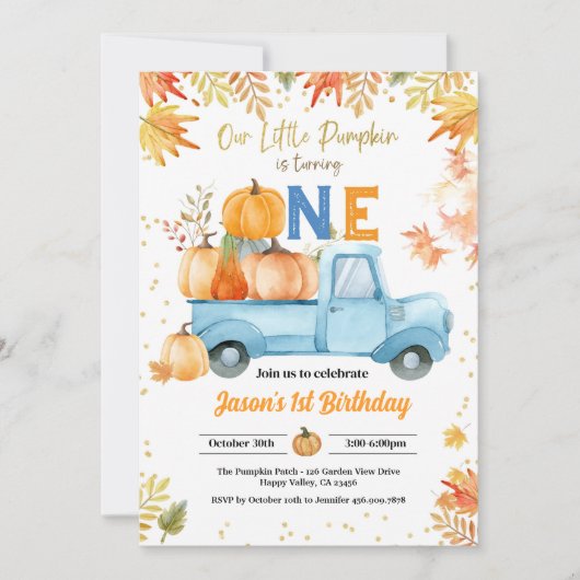 Little Pumpkin 1st Birthday Party Boy Blue Truck Kaart (Voorkant)