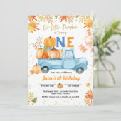 Little Pumpkin 1st Birthday Party Boy Blue Truck Kaart (Staand voorkant)