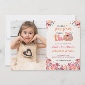 Little Pumpkin 2e verjaardag Boho bloemenfoto Kaart