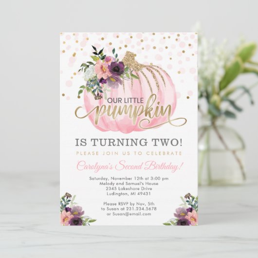 Little Pumpkin 2nd Birthday Invitation Kaart (Staand voorkant)