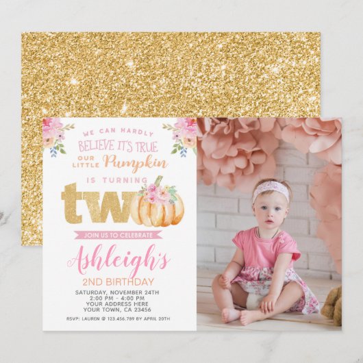 Little Pumpkin 2nd Birthday Invitation met foto Kaart (Voorkant / Achterkant)