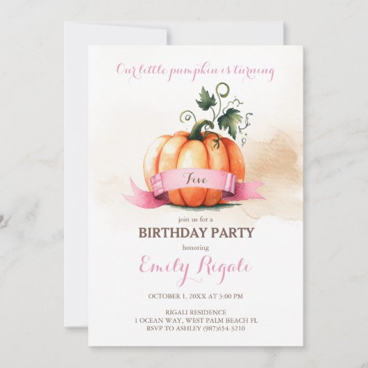 Little Pumpkin 5th Birthday Invitation Girl Kaart (Voorkant)