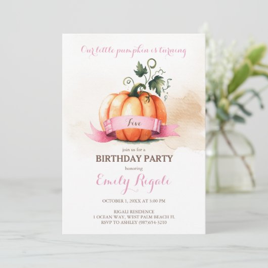 Little Pumpkin 5th Birthday Invitation Girl Kaart (Staand voorkant)